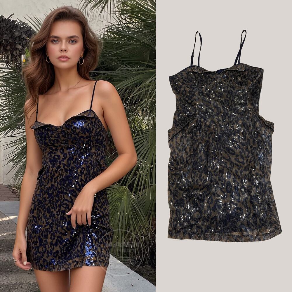 Tov Holy G Sequin Mini Dress | Xs | Animal Print | Adjustable Straps